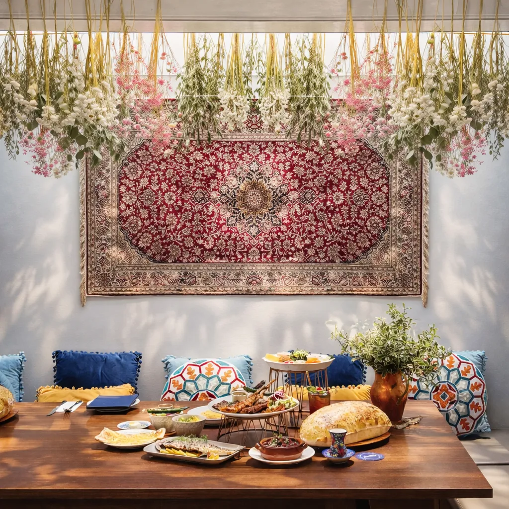 Elegant Turkish dining setup with traditional Persian rug, hanging flowers, colourful cushions, and authentic dishes at Alaturka restaurant