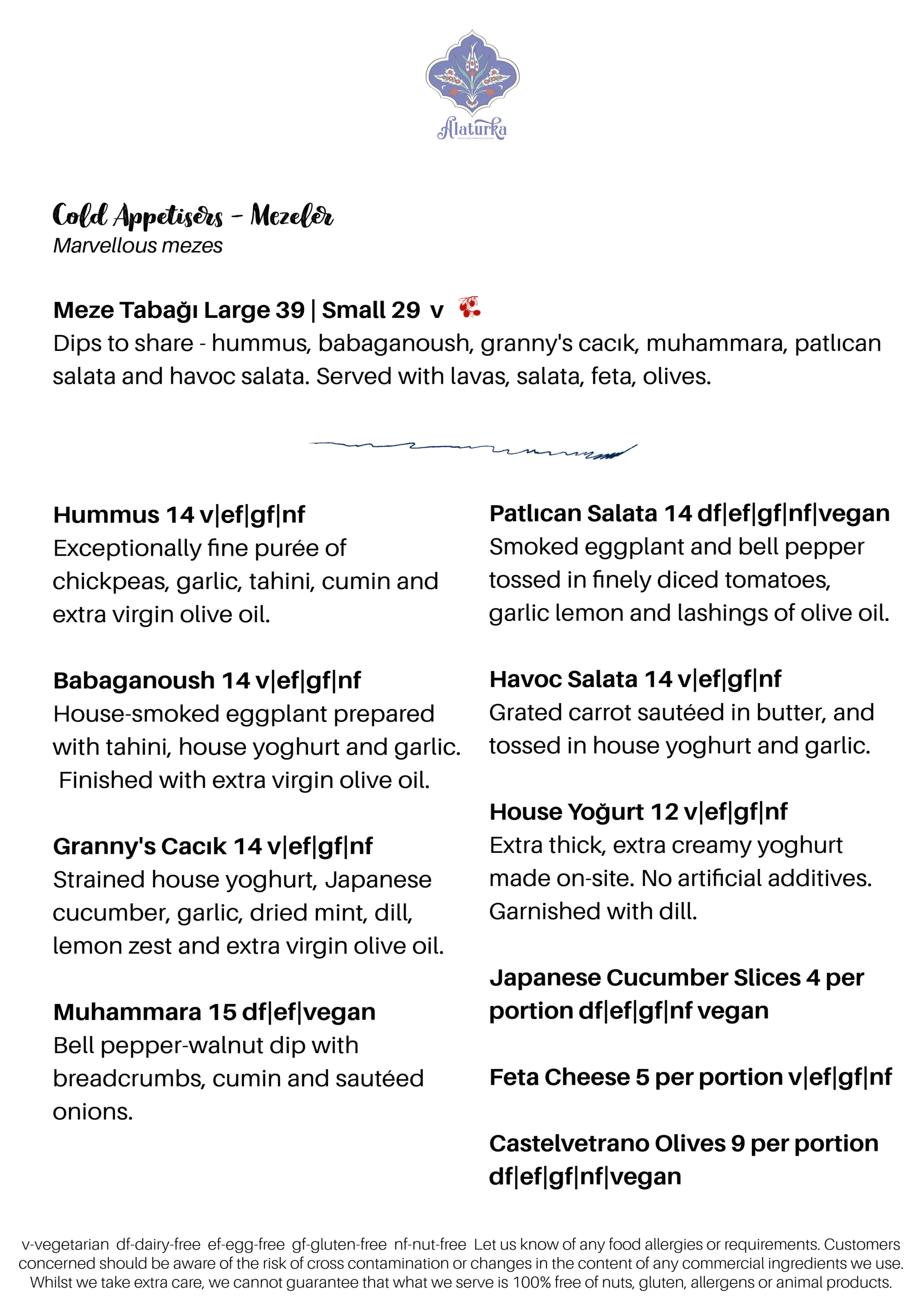 Alaturka Restaurant Menu - Cold Appetisers & Salads
