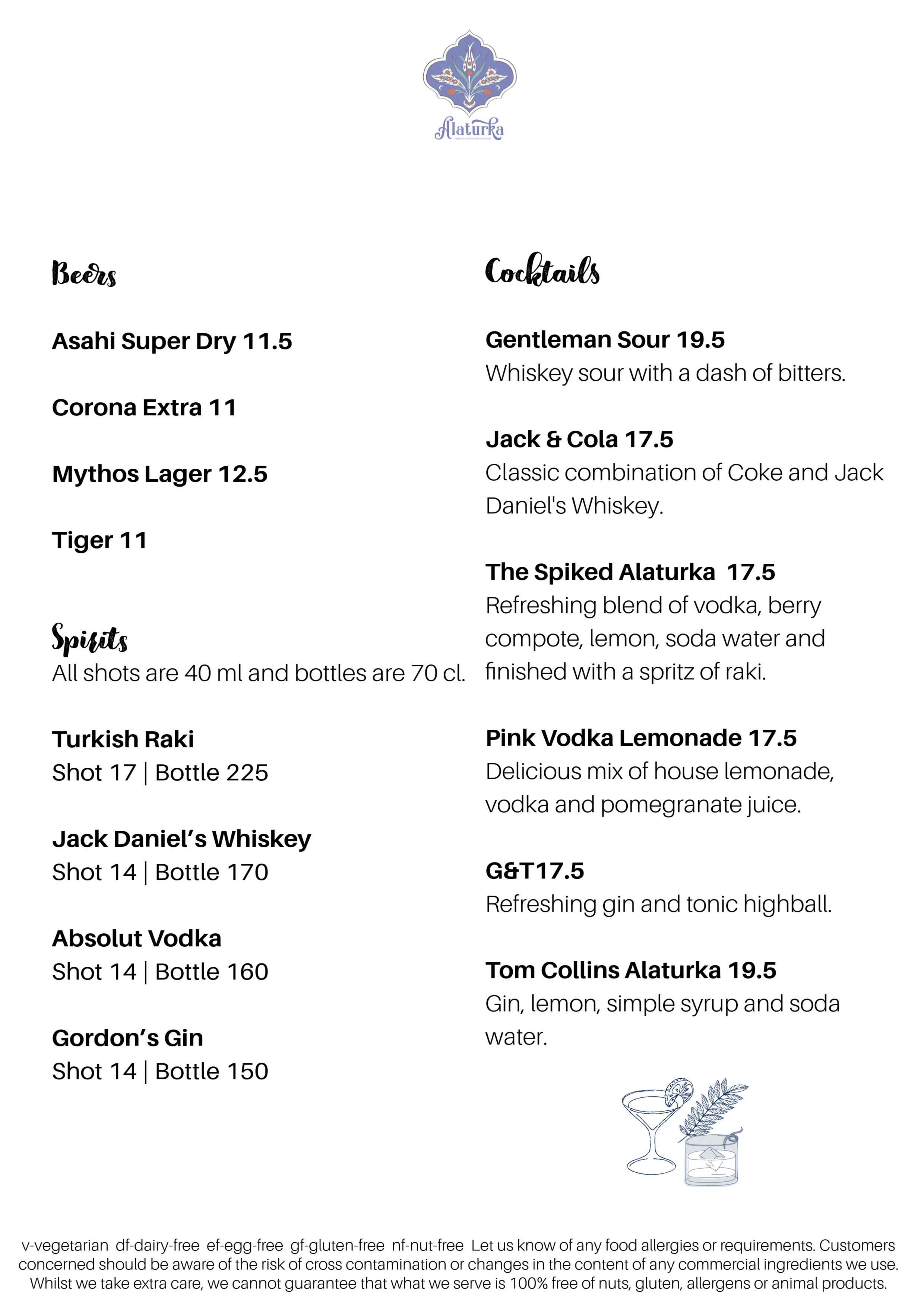 Alaturka Beverage Menu - Beers, Spirits & Cocktails