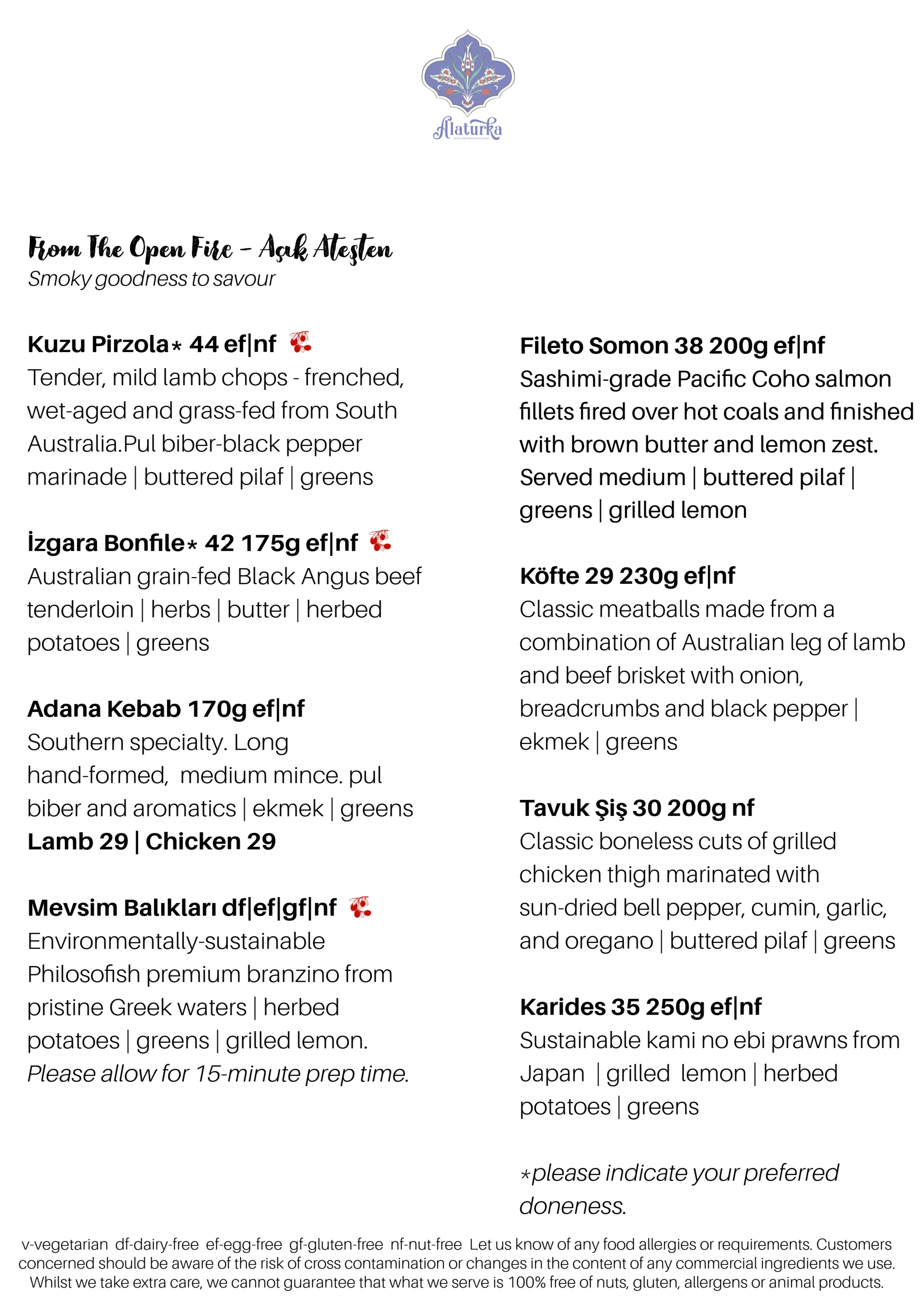 Alaturka Restaurant Menu - From The Stone Oven