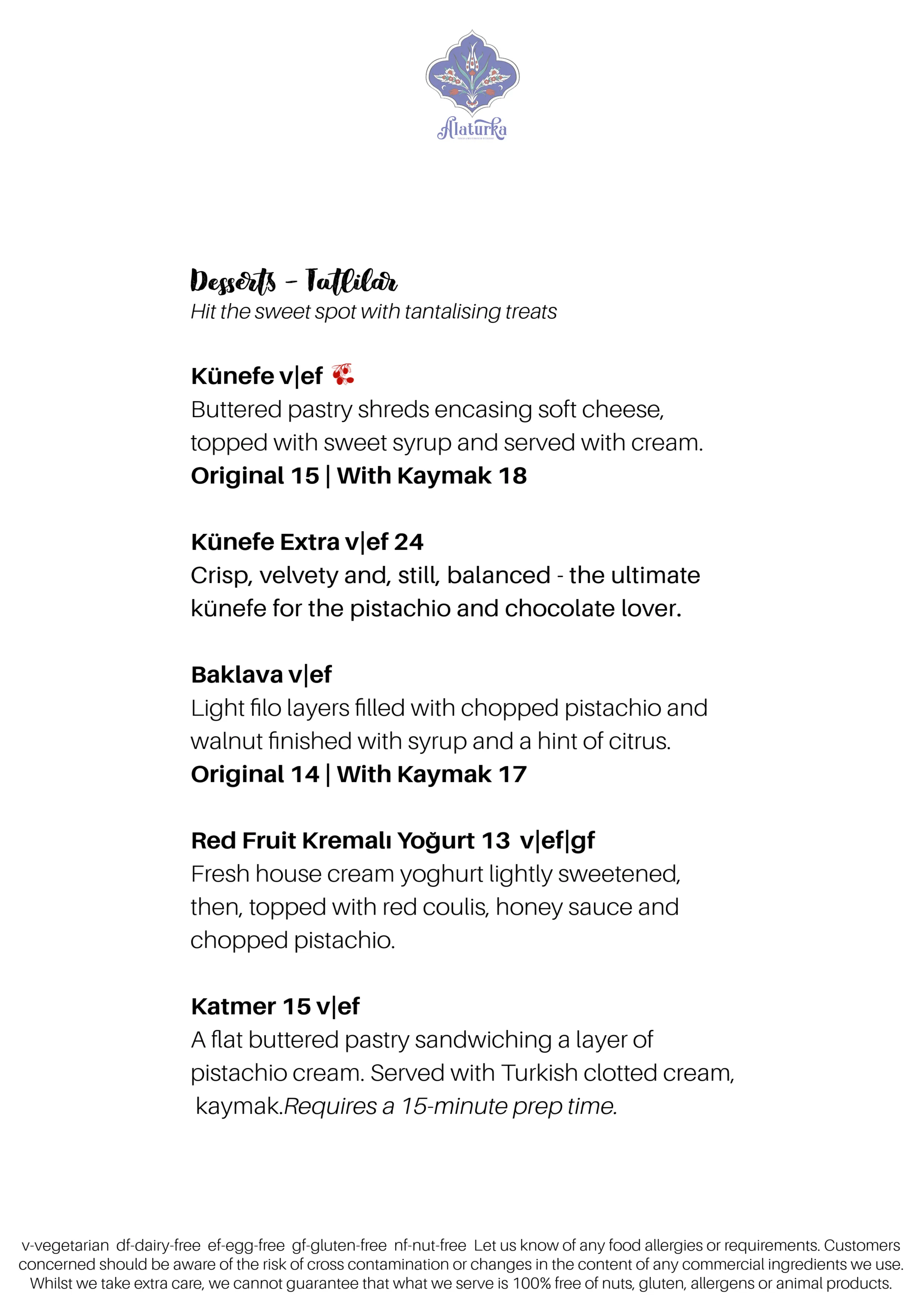 Alaturka Restaurant Menu - Desserts