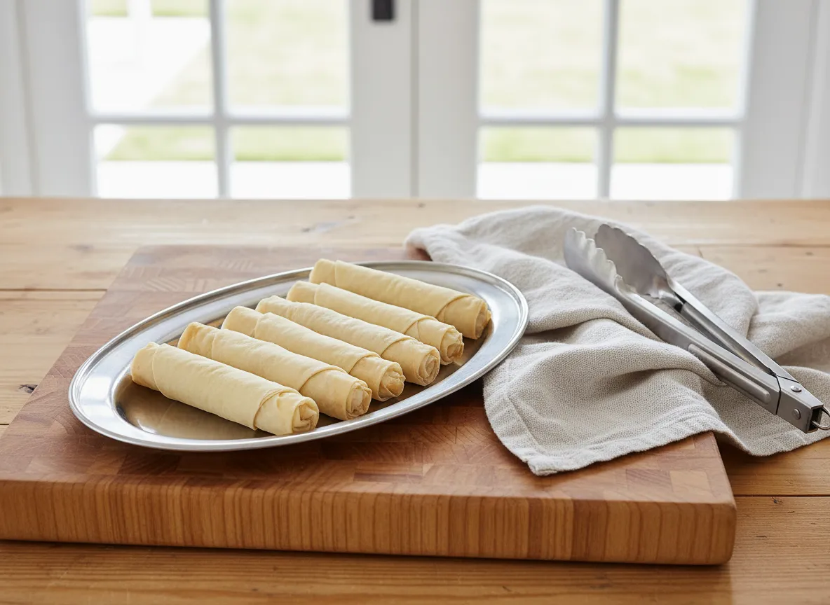 Six uncooked cigar borek pastries arranged in a silver tray on a wooden butcher's block